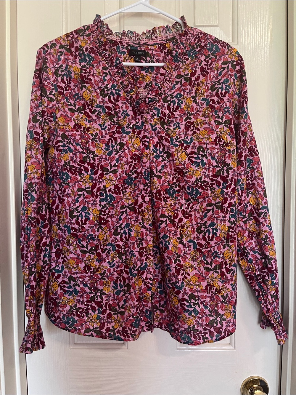 Talbots Pink Floral Ruffle-Neck Long-Sleeve Blouse Large